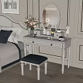 Classic White Dressing Table with Round Mirror Flower Vase and Stool in Bedroom