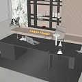 Modern Dark Wooden Desk With Laptop Candles Grey Rug And White Chair By Shelves