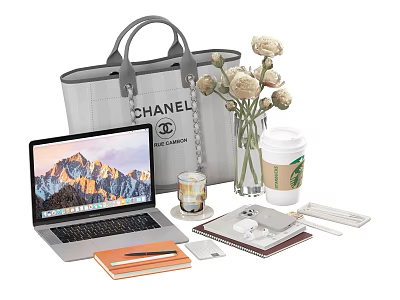 Decorative Ornament Set With Chanel Handbag Laptop Flower Vase Starbucks Cup Candle Notebook And Pen 3d model