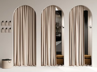 Elegant Interior With Arched Doorways Beige Curtains Mirror Wall Hooks And Basket 3d model