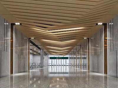 Spacious Modern Station Interior With Wooden Striped Ceiling Marble Walls And Reflective Floors 3d model