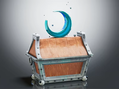 Vintage Wooden Chest With Metal Frame Rivets Wheels And Blue Crescent Decoration Floating Particles 3d model