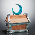 Vintage Wooden Chest With Metal Frame Rivets Wheels And Blue Crescent Decoration Floating Particles
