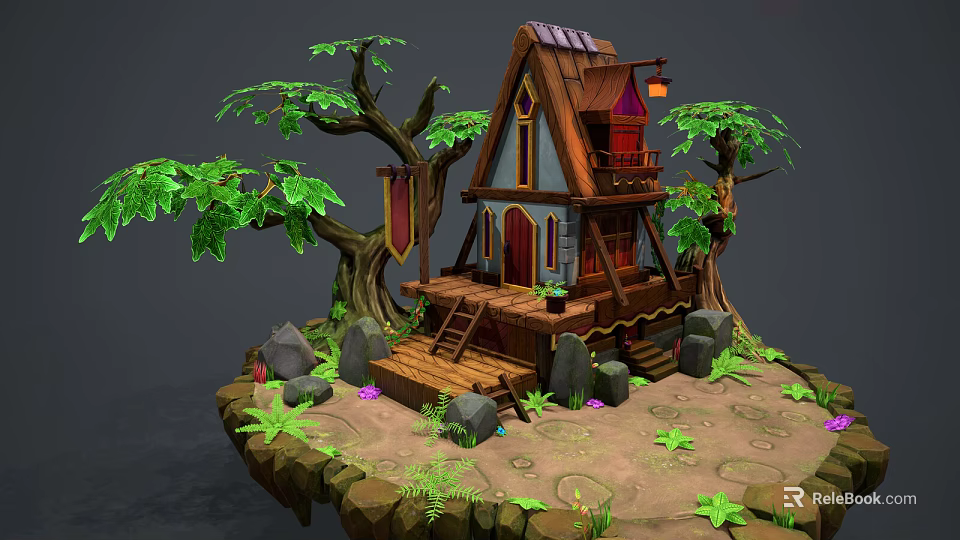 Cartoon Treehouse Scene With Wooden Structure Big Trees Stone Stairs And Green Plants 3d model 