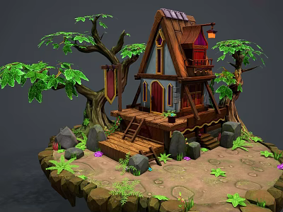 Cartoon Treehouse Scene With Wooden Structure Big Trees Stone Stairs And Green Plants 3d model