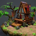 Cartoon Treehouse Scene With Wooden Structure Big Trees Stone Stairs And Green Plants
