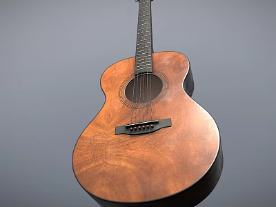 Acoustic Guitar With Natural Wood Grain Body Black Strings And Brown Finish 3d model