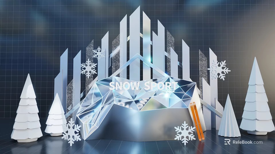 Snow Sport Photo Spot with Crystal Structure Snowflake Decorations Cone Shaped Trees and Orange Elements 3d model 