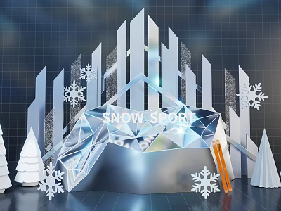 Snow Sport Photo Spot with Crystal Structure Snowflake Decorations Cone Shaped Trees and Orange Elements 3d model
