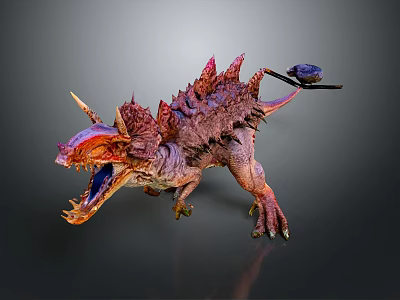 Roaring Fantasy Dinosaur Creature With Vibrant Red Purple Spikes Open Mouth And Tail Weapon 3d model