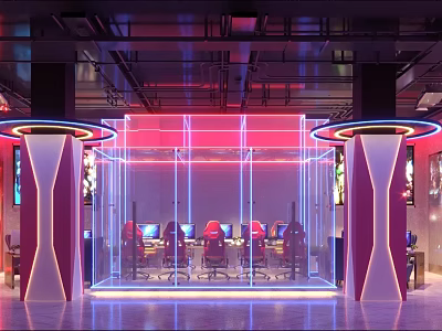 Futuristic Esports Room With Glass Enclosed Area Computers Chairs Neon Lights And Red Blue Lighting 3d model