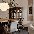 Traditional Chinese Living and Dining Room with Wooden Furniture Sofa Room Divider and Green Plants