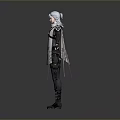 Character Model With White Hair Black White Outfit Brown Cloak Swords Waist Arms Outstretched