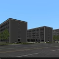 Modern Multi Story School Building with Large Windows Parking Lot Cars Greenery Flowers Blue Sky