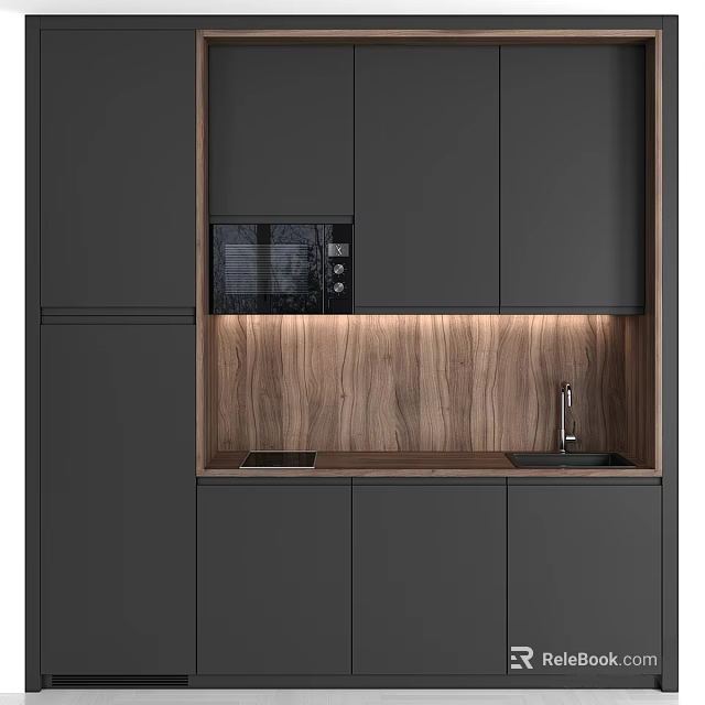 Modern Dark Sideboard Cabinet With Wooden Panel Built In Microwave And Sink 3d model 
