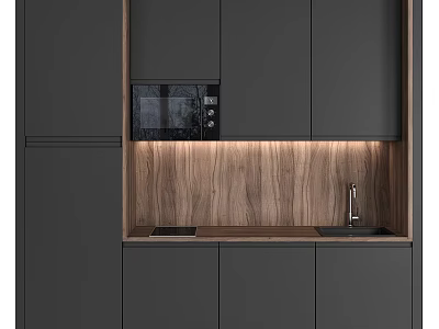 Modern Dark Sideboard Cabinet With Wooden Panel Built In Microwave And Sink 3d model