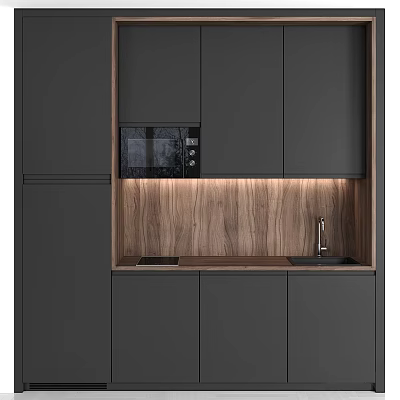 Modern Dark Sideboard Cabinet With Wooden Panel Built In Microwave And Sink 3d model