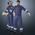 Men in Blue Uniforms With White Reflective Stripes Different Poses Arms Outstretched
