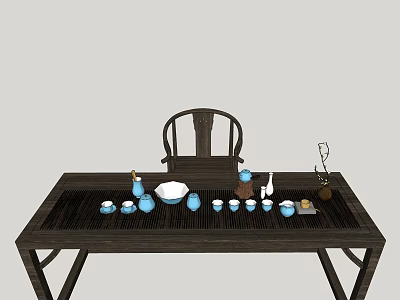 Traditional Dark Wooden Tea Table and Chair with Ceramic Tea Sets for Tea Ceremony 3d model