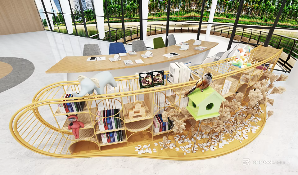 Exhibition Hall Featuring Yellow Curved Display Shelves With Books Small Decorations And Models 3d model 