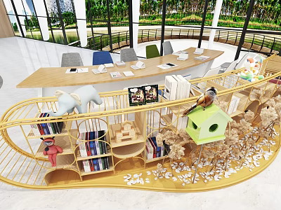 Exhibition Hall Featuring Yellow Curved Display Shelves With Books Small Decorations And Models 3d model