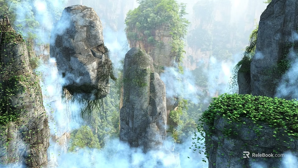 Scenic Mountain Landscape With Towering Rock Peaks Misty Clouds And Lush Greenery 3d model 