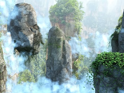 Scenic Mountain Landscape With Towering Rock Peaks Misty Clouds And Lush Greenery 3d model