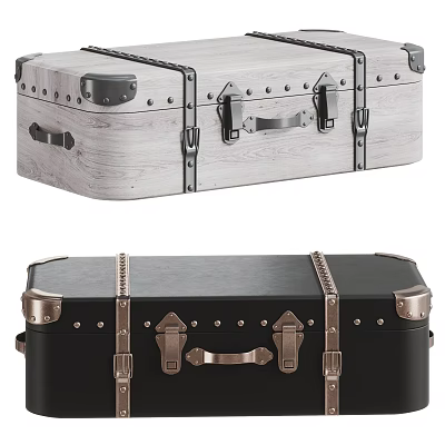 Vintage Wooden And Black Leather Suitcases With Metal Rivets Locks And Handles 3d model
