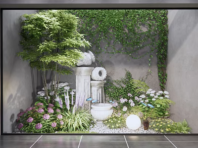 Courtyard Garden With Ivy Covered Wall Stone Fountain Circular Decor And Colorful Flowers 3d model