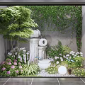 Courtyard Garden With Ivy Covered Wall Stone Fountain Circular Decor And Colorful Flowers