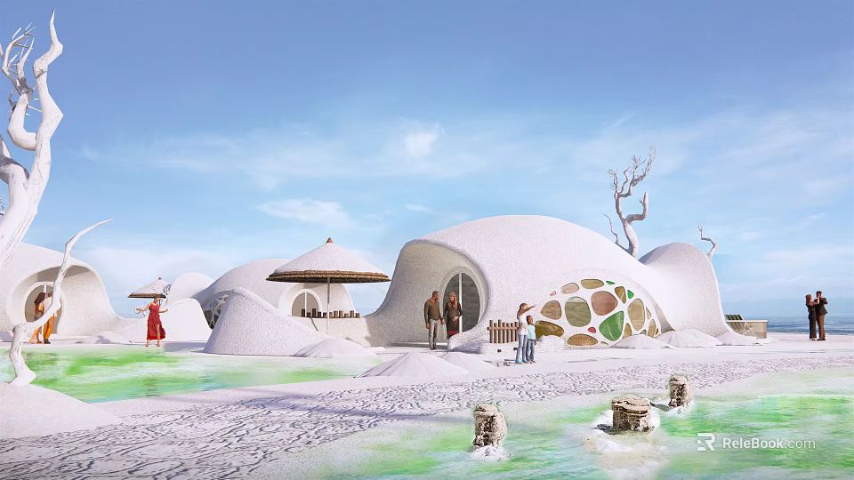 Unique White Dome Shaped Boutique Hotel Building With Water Area Sandy Ground And Umbrellas 3d model 