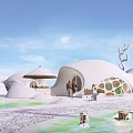 Unique White Dome Shaped Boutique Hotel Building With Water Area Sandy Ground And Umbrellas