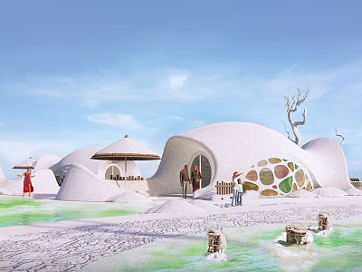 Unique White Dome Shaped Boutique Hotel Building With Water Area Sandy Ground And Umbrellas 3d model