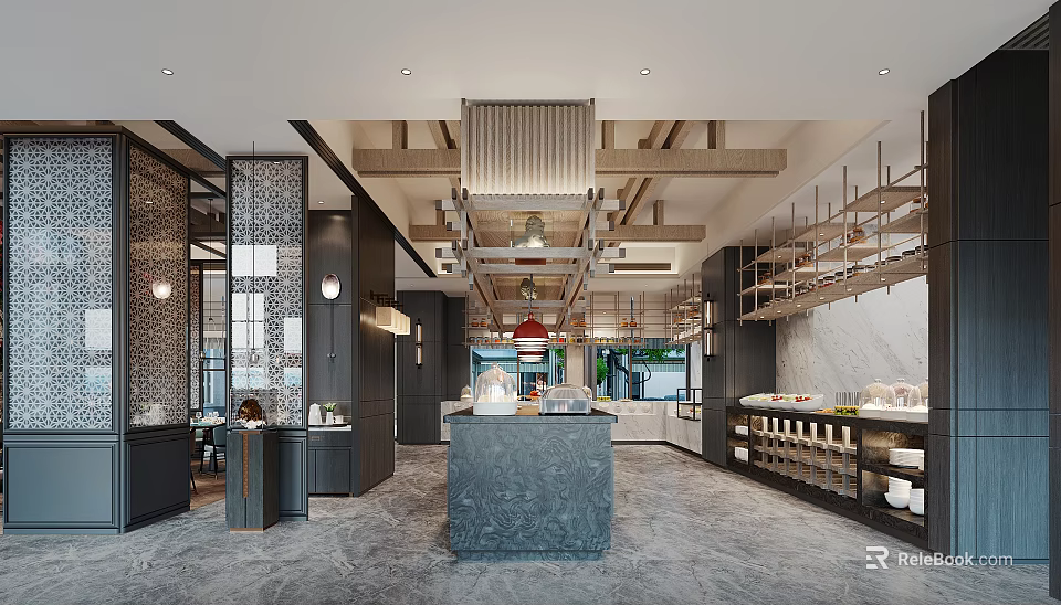 Elegant Modern Restaurant Interior With Open Dining Space Marble Bar Counter And Pendant Lighting 3d model 