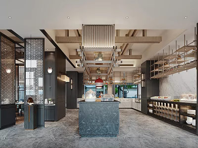 Elegant Modern Restaurant Interior With Open Dining Space Marble Bar Counter And Pendant Lighting 3d model
