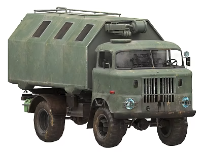 Vintage Military Green Truck With Enclosed Cargo Compartment Roof Rack And Large Tires 3d model