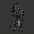 Blue And Gold Armored Fantasy Warrior Holding Scythe With Gem And Ornate Armor Details