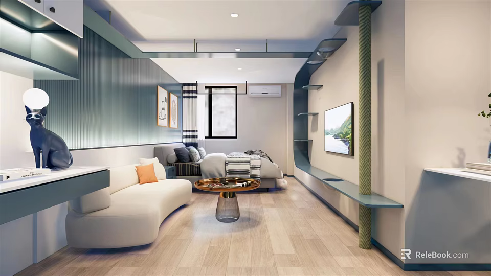 Hotel Guest Room Modern Interior With Comfortable Sofa Coffee Table TV Window And Wooden Flooring 3d model 