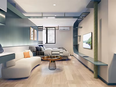 Hotel Guest Room Modern Interior With Comfortable Sofa Coffee Table TV Window And Wooden Flooring 3d model