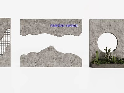 Gray Textured Room Dividers With Grid Mountain Circular Cutouts And Cactus Decor 3d model