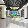 Modern Spacious Hall Interior With White Counters Black Slatted Ceiling And Circular Green Lights 3d model
