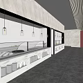 Modern Buffet Area With White Counter Glass Display Pendant Lights And White Bowls