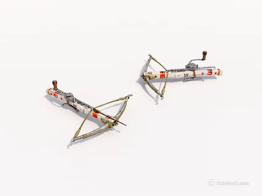 Two Classic Crossbows Featuring Red Number 5 Accents Metal Bow Arms And White Bodies 3d model 