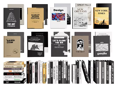 Various Books and Magazines with Art Design City Themes and Stacked 3d model