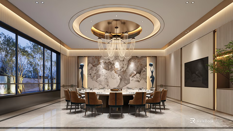 Modern Elegant Restaurant Interior With Round Dining Table Chandelier Marble Backdrop And Floor-to-Ceiling Windows 3d model 