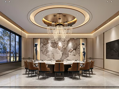Modern Elegant Restaurant Interior With Round Dining Table Chandelier Marble Backdrop And Floor-to-Ceiling Windows 3d model