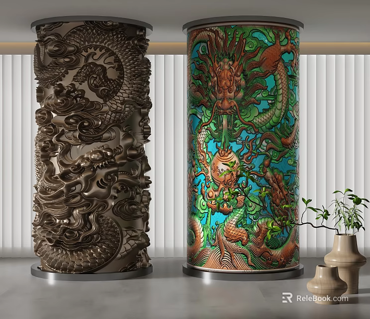 Carved Dragon Columns And Colorful Dragon Patterned Columns In Indoor Setting With Potted Plants 3d model 