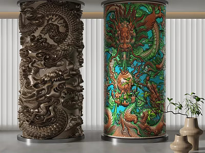 Carved Dragon Columns And Colorful Dragon Patterned Columns In Indoor Setting With Potted Plants 3d model