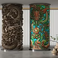Carved Dragon Columns And Colorful Dragon Patterned Columns In Indoor Setting With Potted Plants