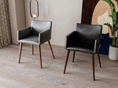 Gray and Black Leather Dining Chairs with Armrests and Wooden Legs in Modern Room Setting 3d model
